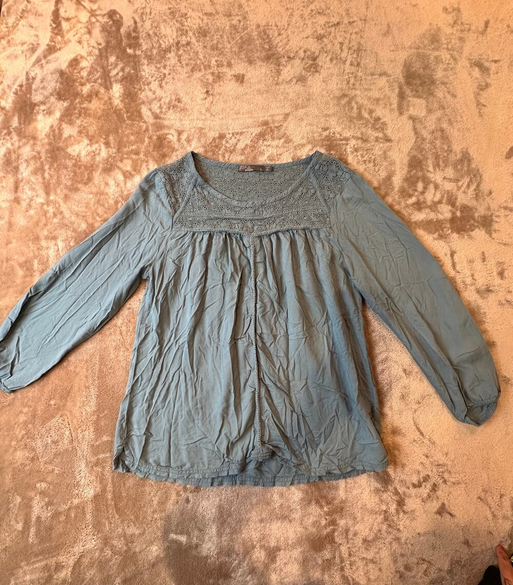 PrAna Blue /greenCrochet Yoke Boho Peasant Blouse Long Sleeve Size S